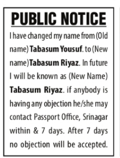 PUBLIC NOTICE – NAME CHANGE Tabasum Yousuf