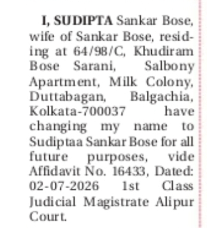 Public Notice – Name Change to Sudiptaa Sankar Bose