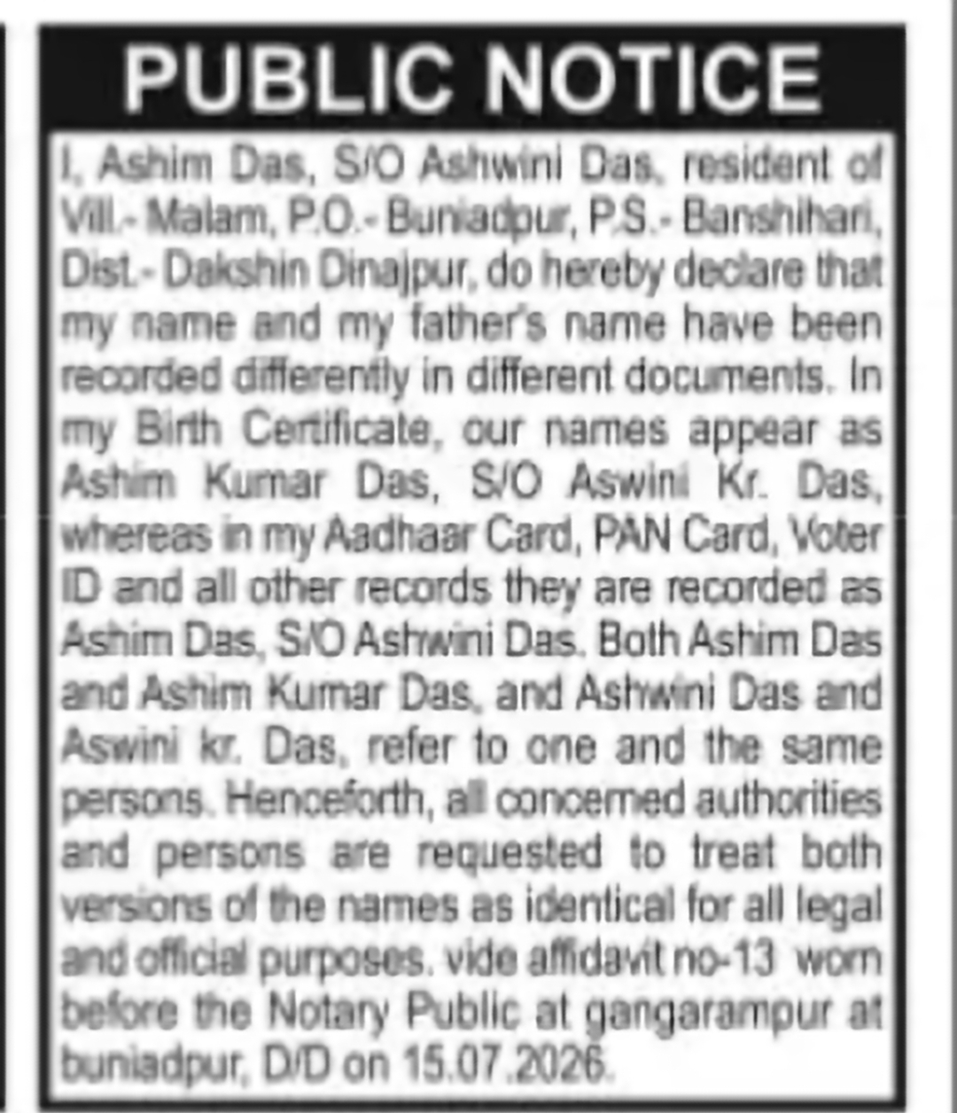 Public Notice – Name Clarification of Ashim Das