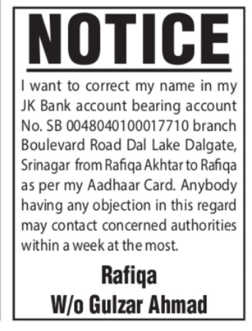 Public Notice – Name Correction in JK Bank Account