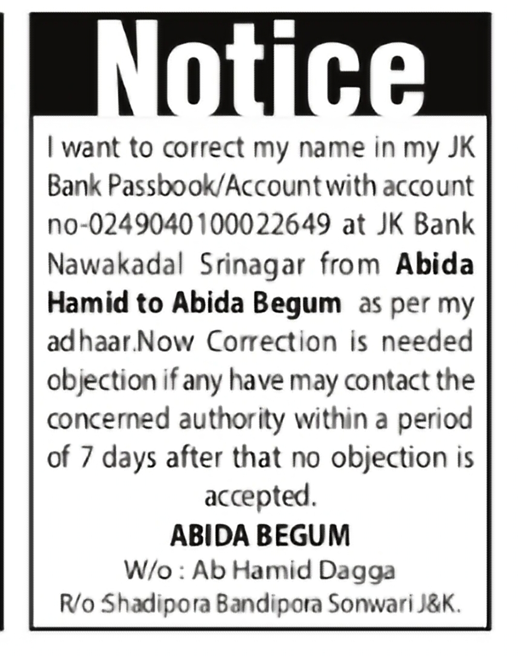 Public Notice – Name Correction in JK Bank Account