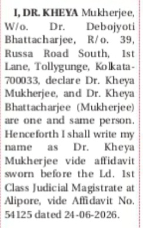 Public Notice – Name Declaration by Dr. Kheya Mukherjee