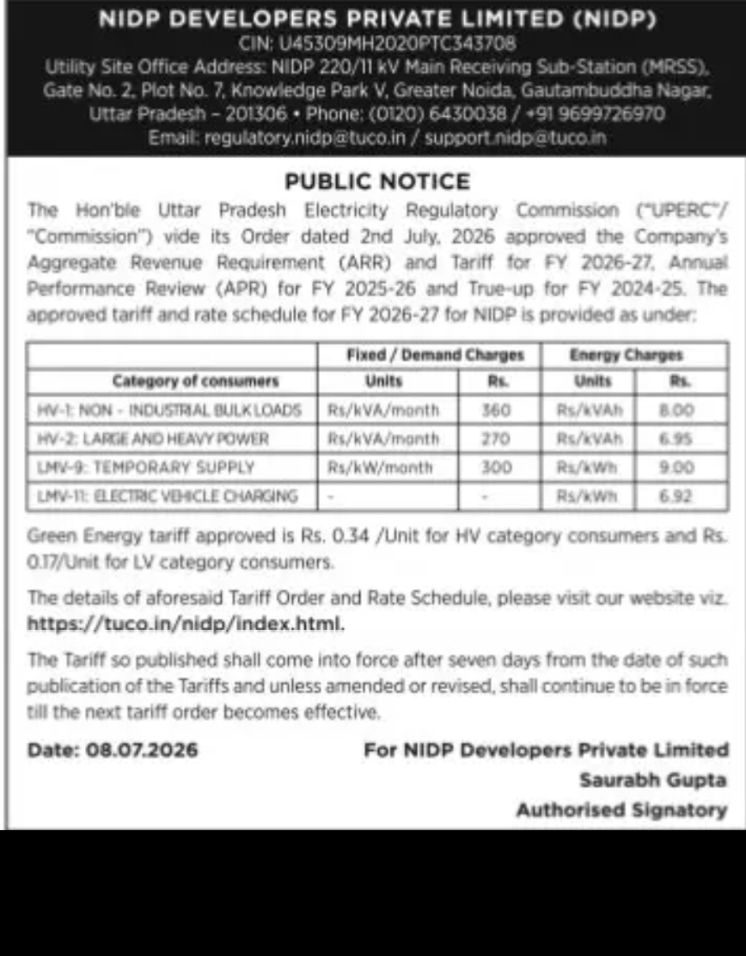 Public Notice – NIDP Developers Private Limited Announces Approved Electricity Tariff for FY 2026-27