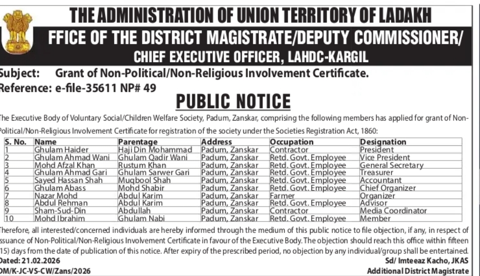Public Notice – Objections Invited for Grant of Non-Political/Non-Religious Involvement Certificate (Voluntary Social/Children Welfare Society, Padum, Zanskar)