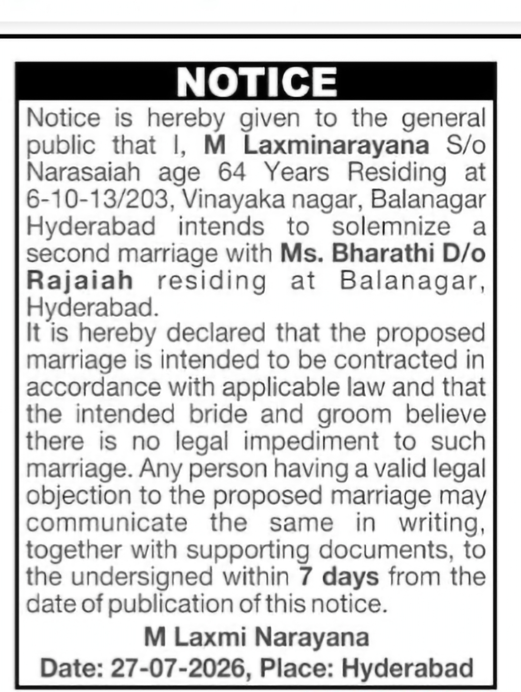 Public Notice of Intended Second Marriage