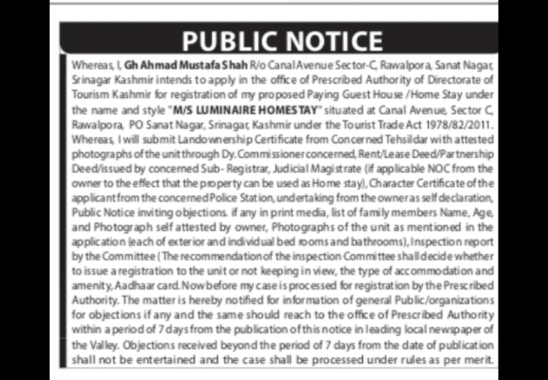 Public Notice – Paying Guest House / Home Stay Registration Objections (Jammu & Kashmir)