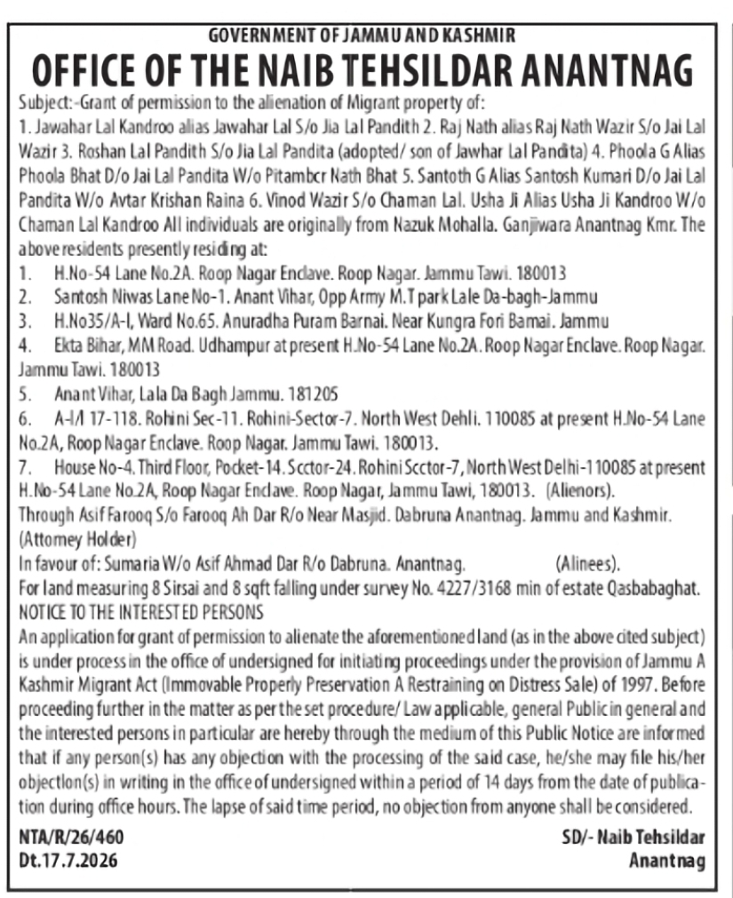Public Notice – Permission for Sale of Migrant Property at Anantnag