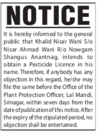 PUBLIC NOTICE – PESTICIDE LICENCE APPLICATION