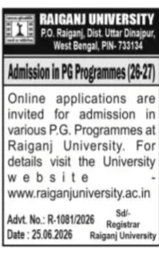PUBLIC NOTICE – PG Admission Announcement