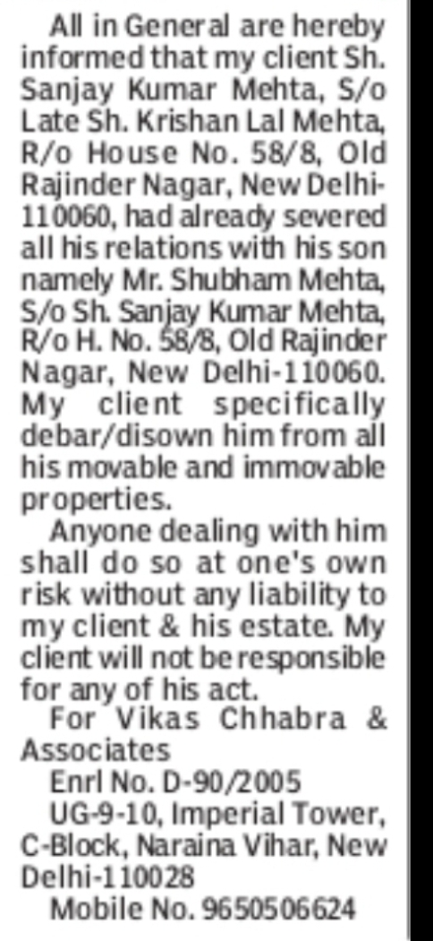 Public Notice – Property Disownment Declaration by Sanjay Kumar Mehta