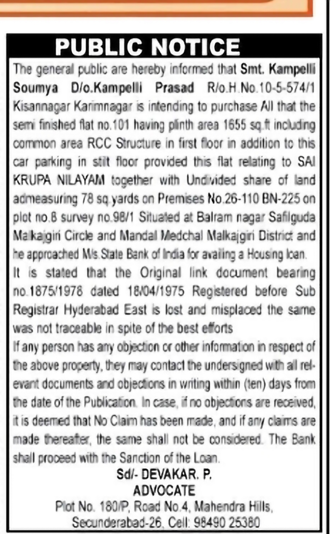 Public Notice – Property Document Objections Invited