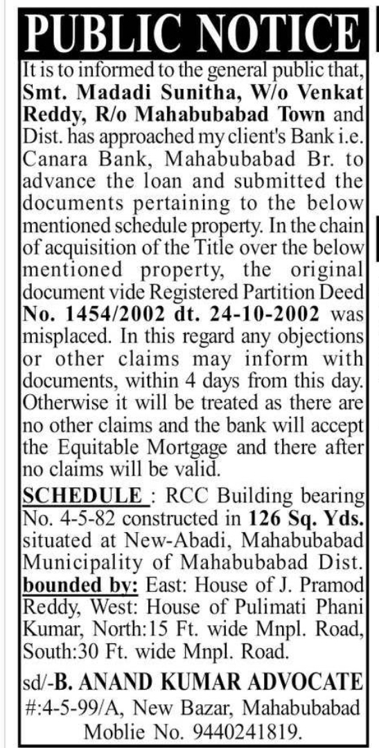 Public Notice – Property Mortgage & Missing Original Document