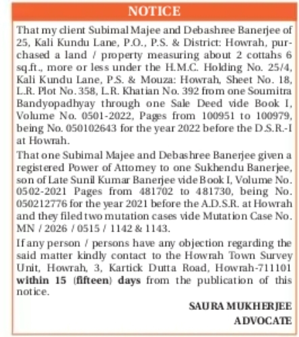 Public Notice – Property Mutation Objection Notice, Howrah
