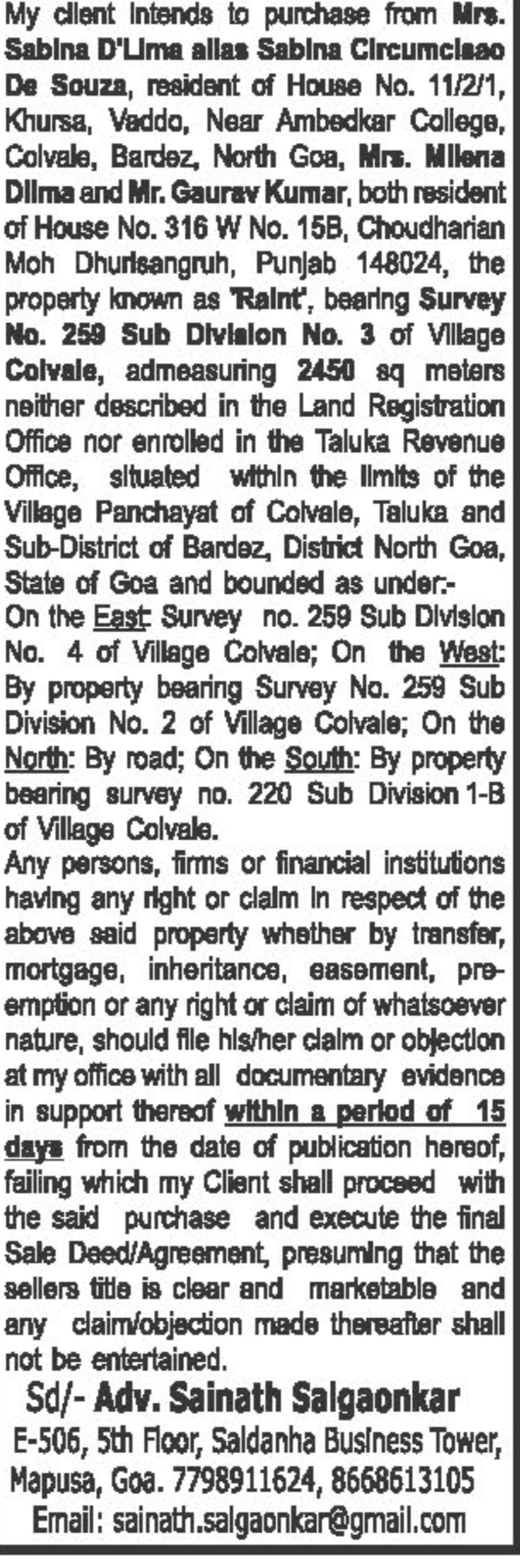 Public Notice – Property Purchase Claim Notice at Colvale, Bardez, North Goa