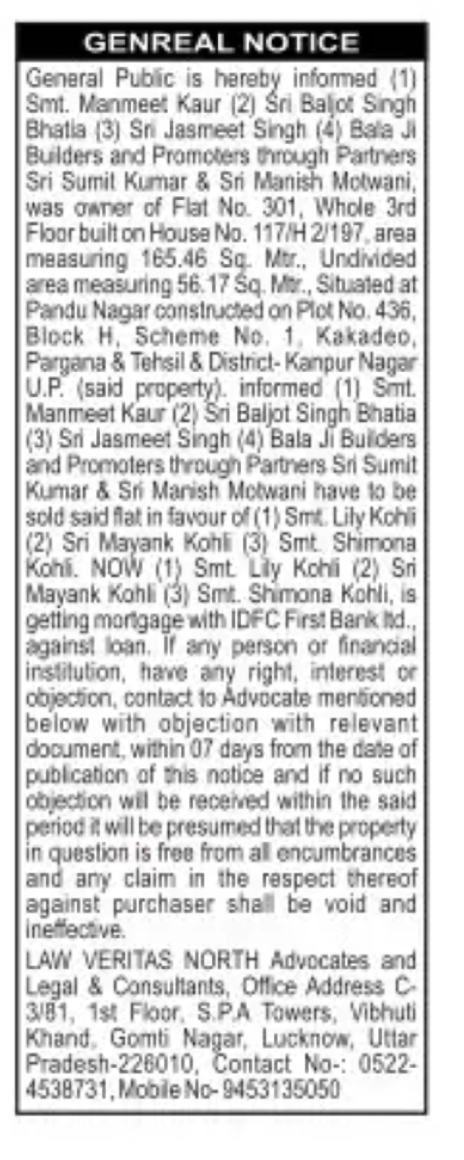 Public Notice – Property Sale and Proposed Mortgage