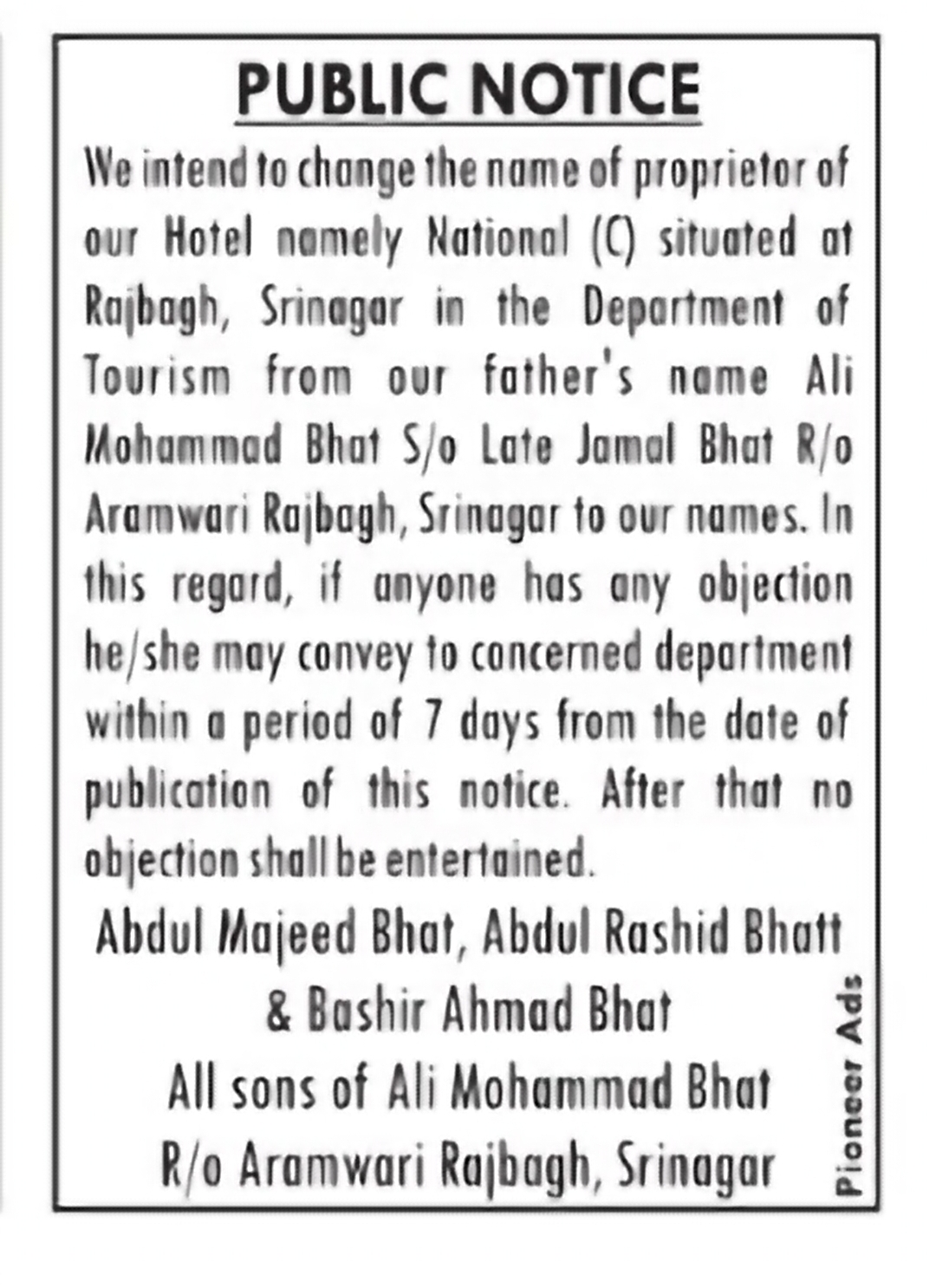 Public Notice – Proposed Change of Hotel Proprietorship at Rajbagh