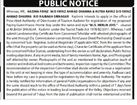 Public Notice – Proposed Home Stay Registration at Rajbagh, Srinagar