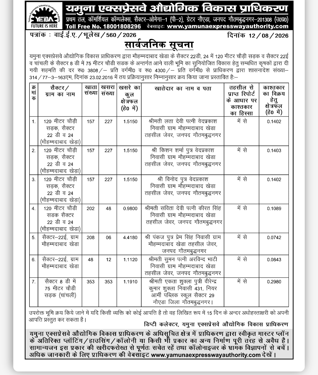Public Notice – Proposed Land Purchase for Road Development by YEIDA