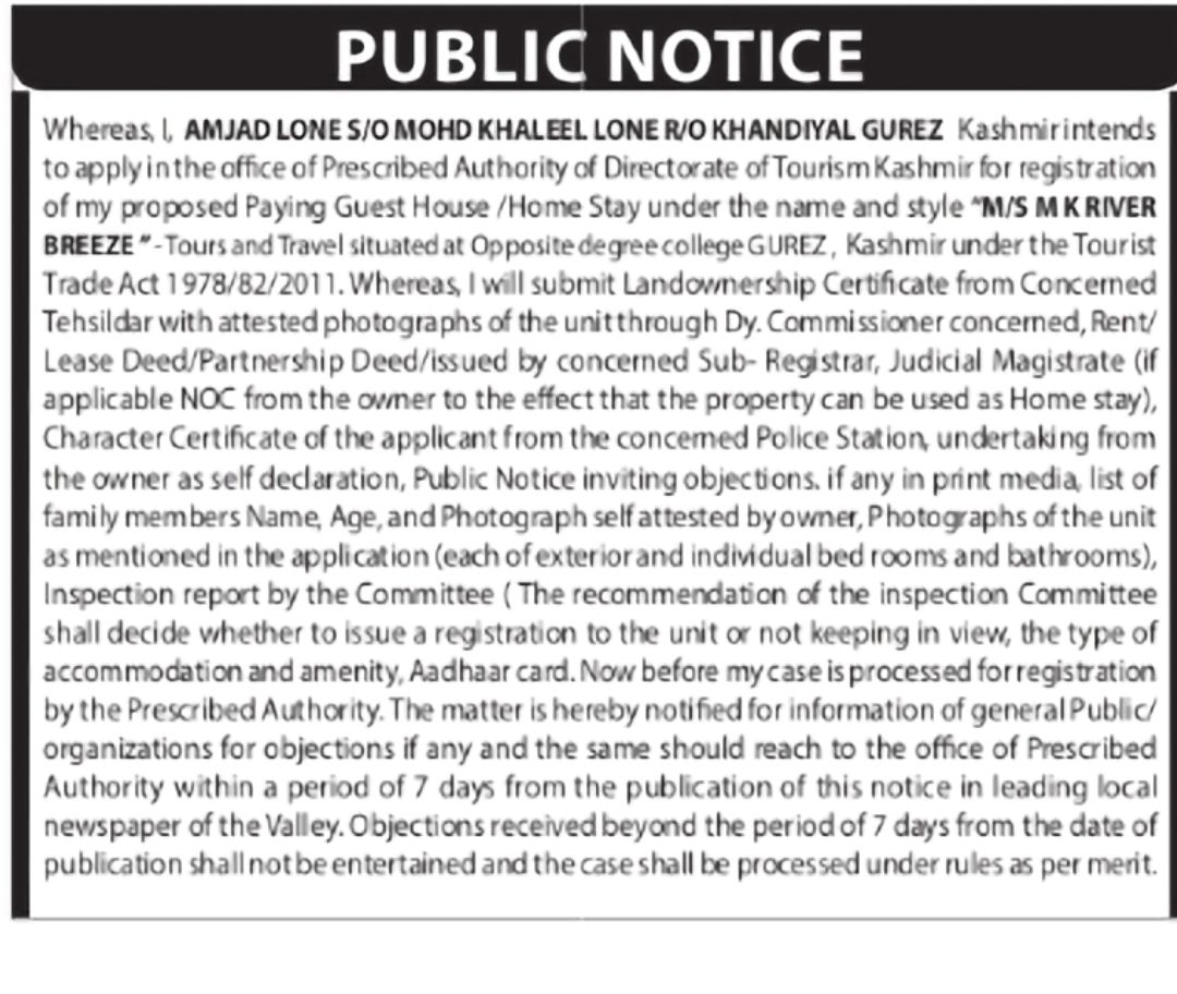 Public Notice – Proposed Registration of "M K River Breeze" Home Stay, Gurez