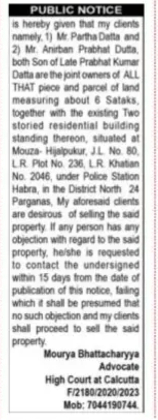 Public Notice – Proposed Sale of Property at Habra