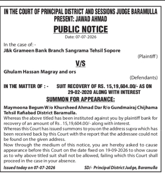 Public Notice – Recovery Suit by J&K Grameen Bank Against Maymoona Begum
