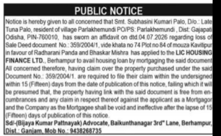Public Notice Regarding Lost Sale Deed and Property Claim Sale Deed No. 359/2004/1