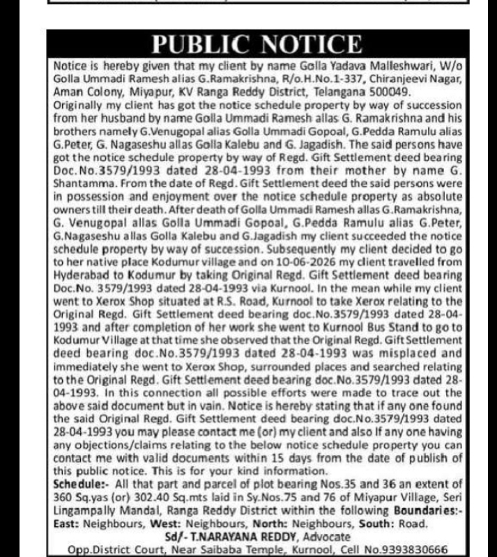 Public Notice Regarding Misplaced Registered Gift Settlement Deed of Miyapur Property