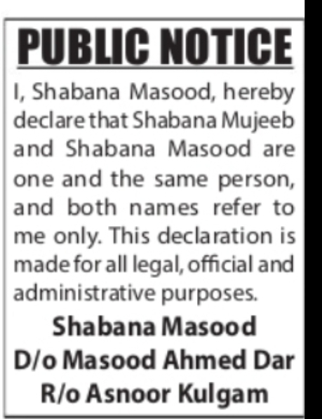 Public Notice Regarding Name Declaration Shabana Masood