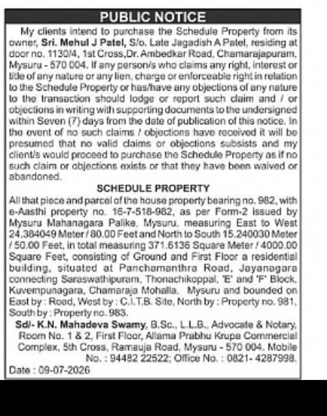 Public Notice Regarding Property Purchase Sri. Mehul J Patel