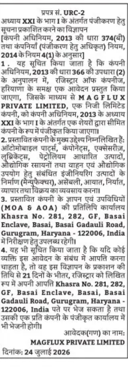 Public Notice – Registration of MAGFLUX PRIVATE LIMITED under the Companies Act, 2013
