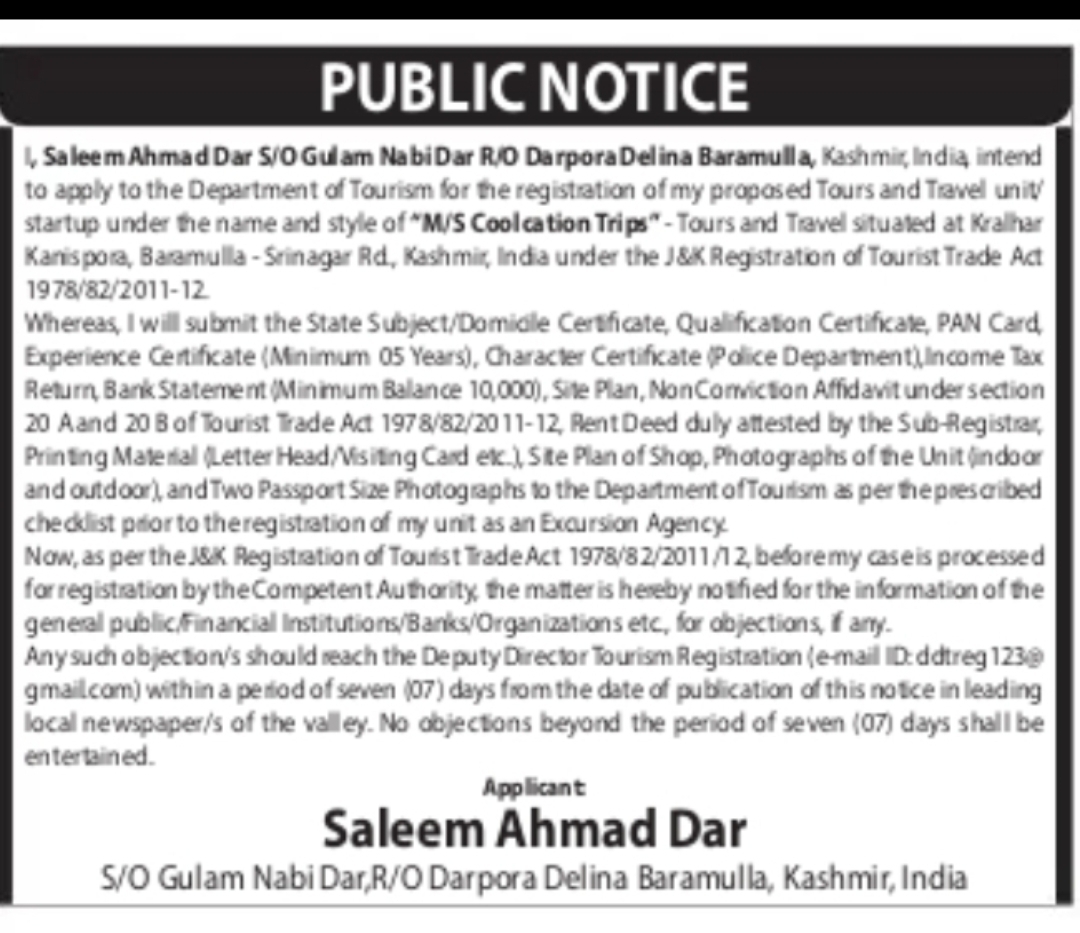 Public Notice – Registration of "M/S Coolcation Trips" Tours & Travel Agency