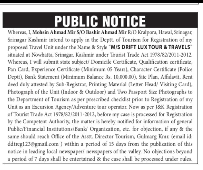 Public Notice – Registration of M/S Drift Lux Tour & Travels, Srinagar
