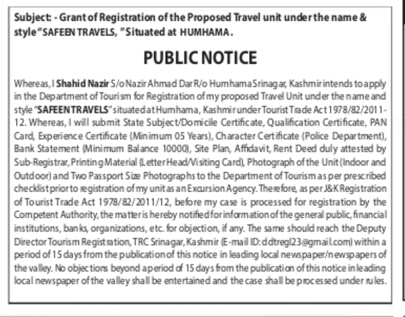 Public Notice – Registration of Proposed Travel Unit "SAFEEN TRAVELS"