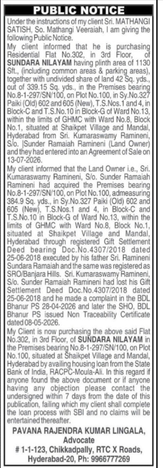 Public Notice – Residential Flat Purchase and Lost Gift Settlement Deed