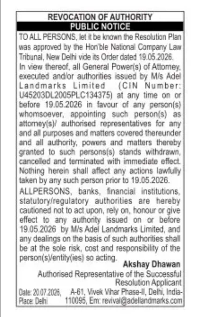 Public Notice – Revocation of Authority | Adel Landmarks Limited