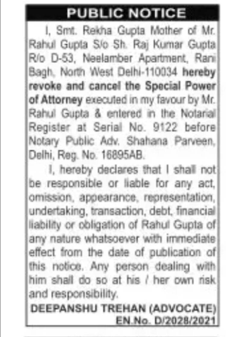 PUBLIC NOTICE – Revocation of Special Power of Attorney