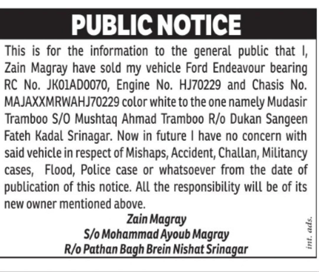 Public Notice – Sale of Ford Endeavour Vehicle