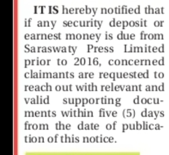 Public Notice – Saraswaty Press Limited Security Deposit Claims