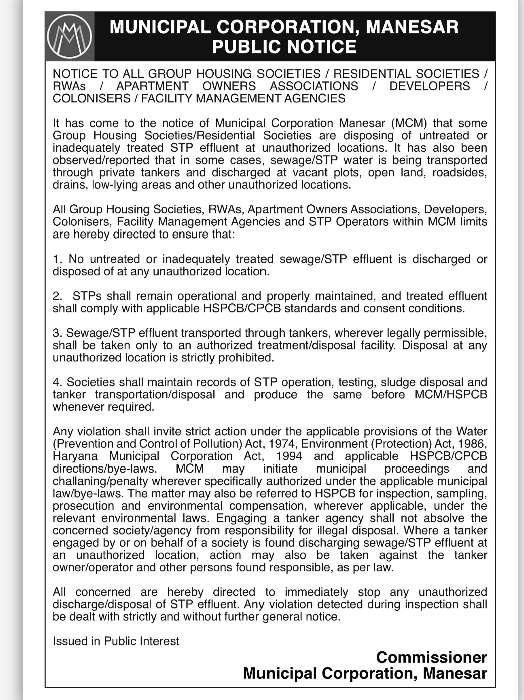 Public Notice – Strict Action Against Unauthorized Disposal of STP Effluent