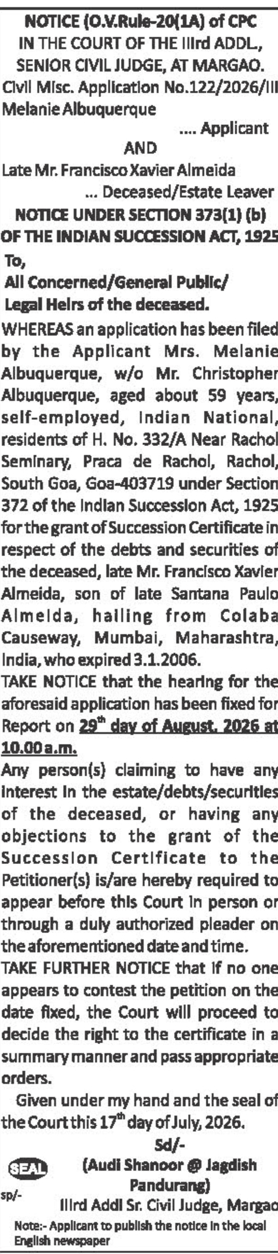 Public Notice – Succession Certificate Application for Late Mr. Francisco Xavier Almeida