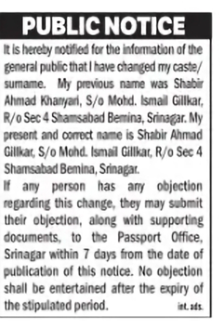 Public Notice – Surname Change Shabir Ahmad