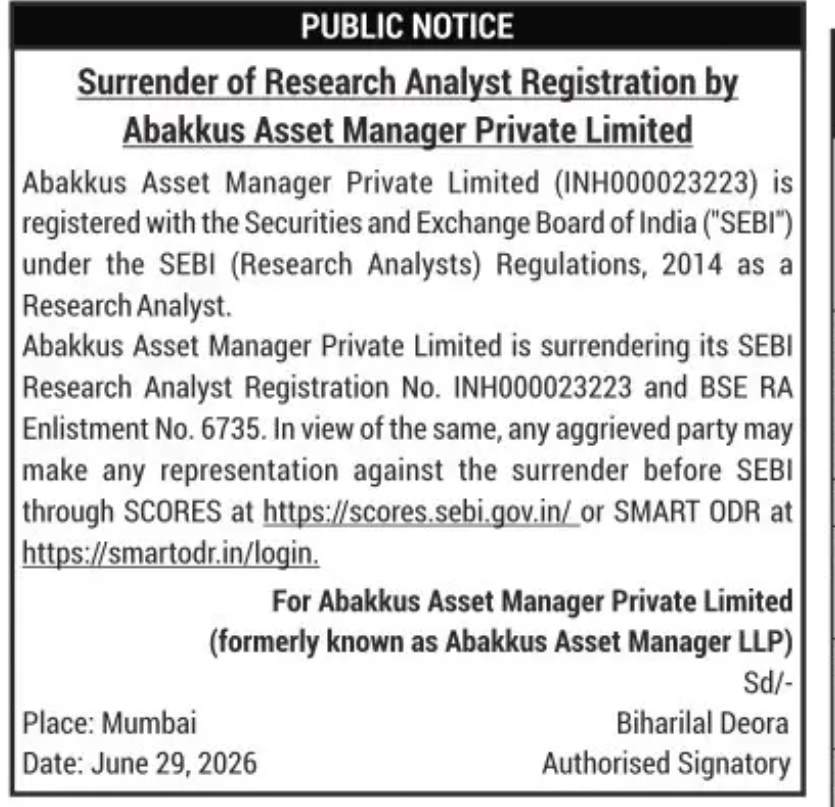 Public Notice – Surrender of Research Analyst Registration