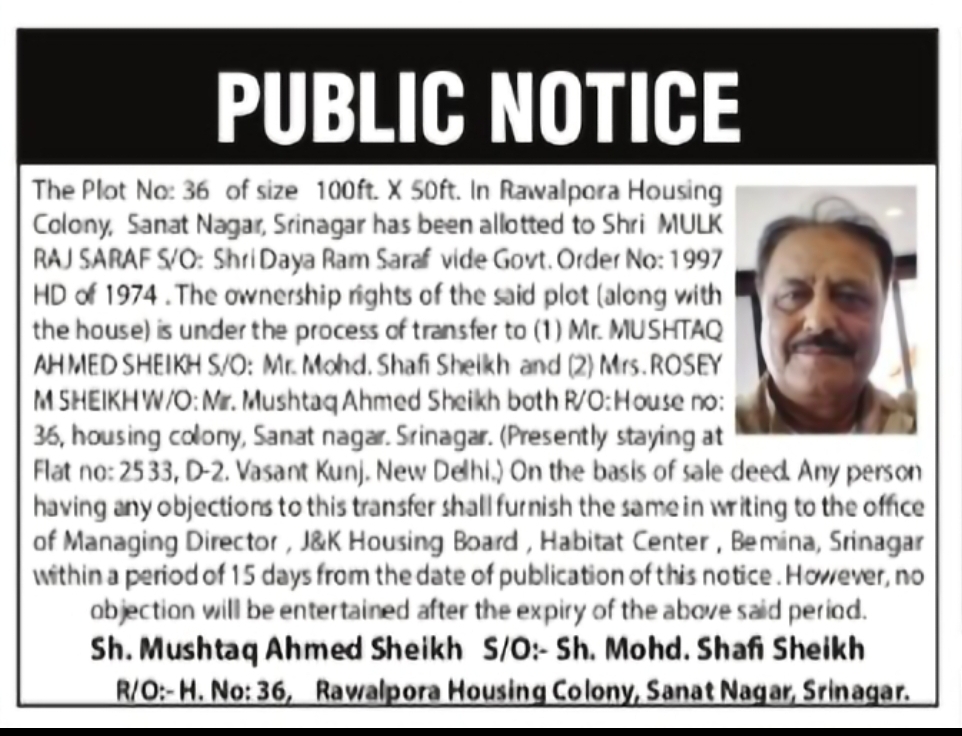 Public Notice – Transfer of Plot No. 36, Rawalpora Housing Colony, Srinagar