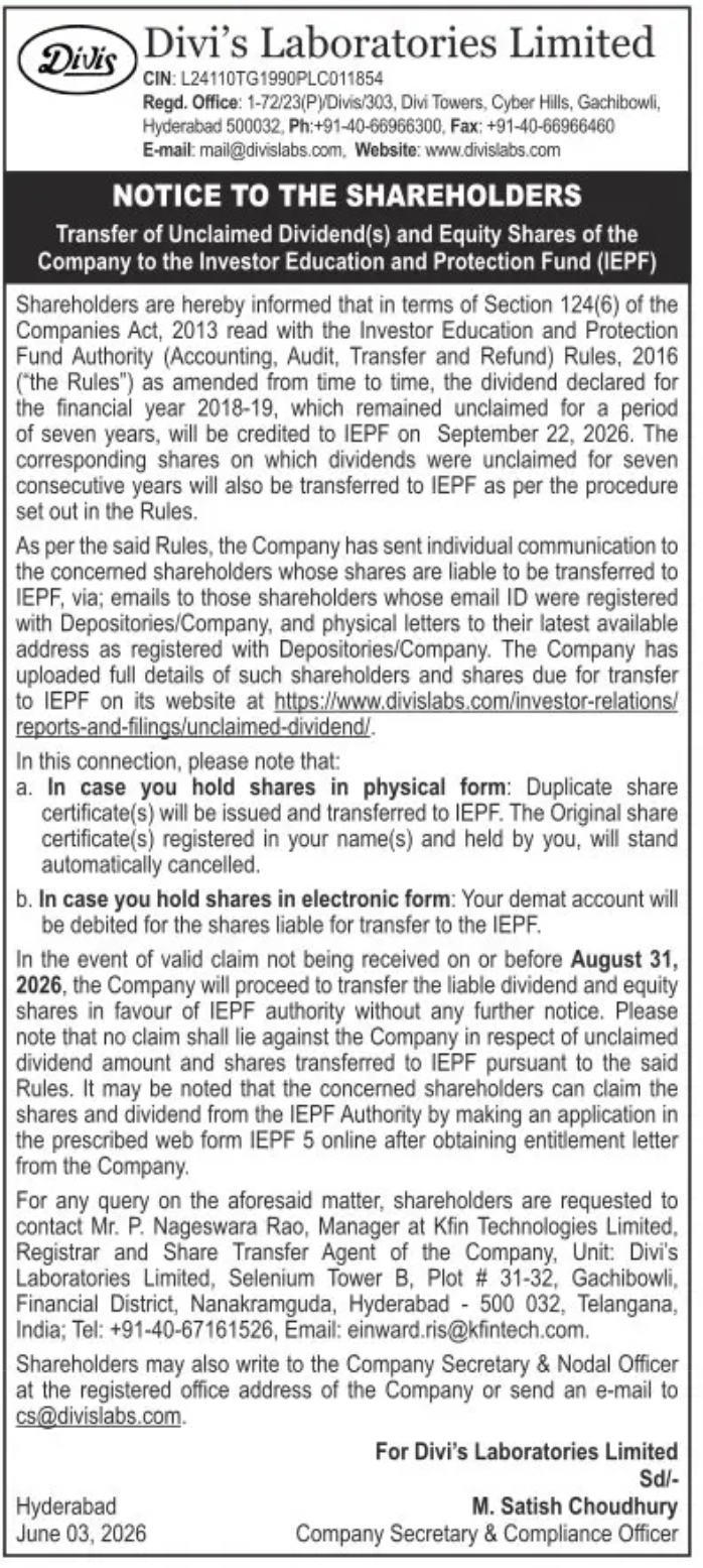 Public Notice: Transfer of Unclaimed Dividend and Equity Shares to IEPF