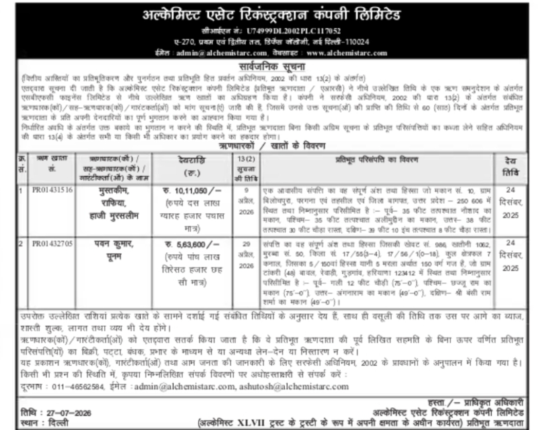 PUBLIC Notice Under SARFAESI Act – Alchemist Asset Reconstruction Company Limited