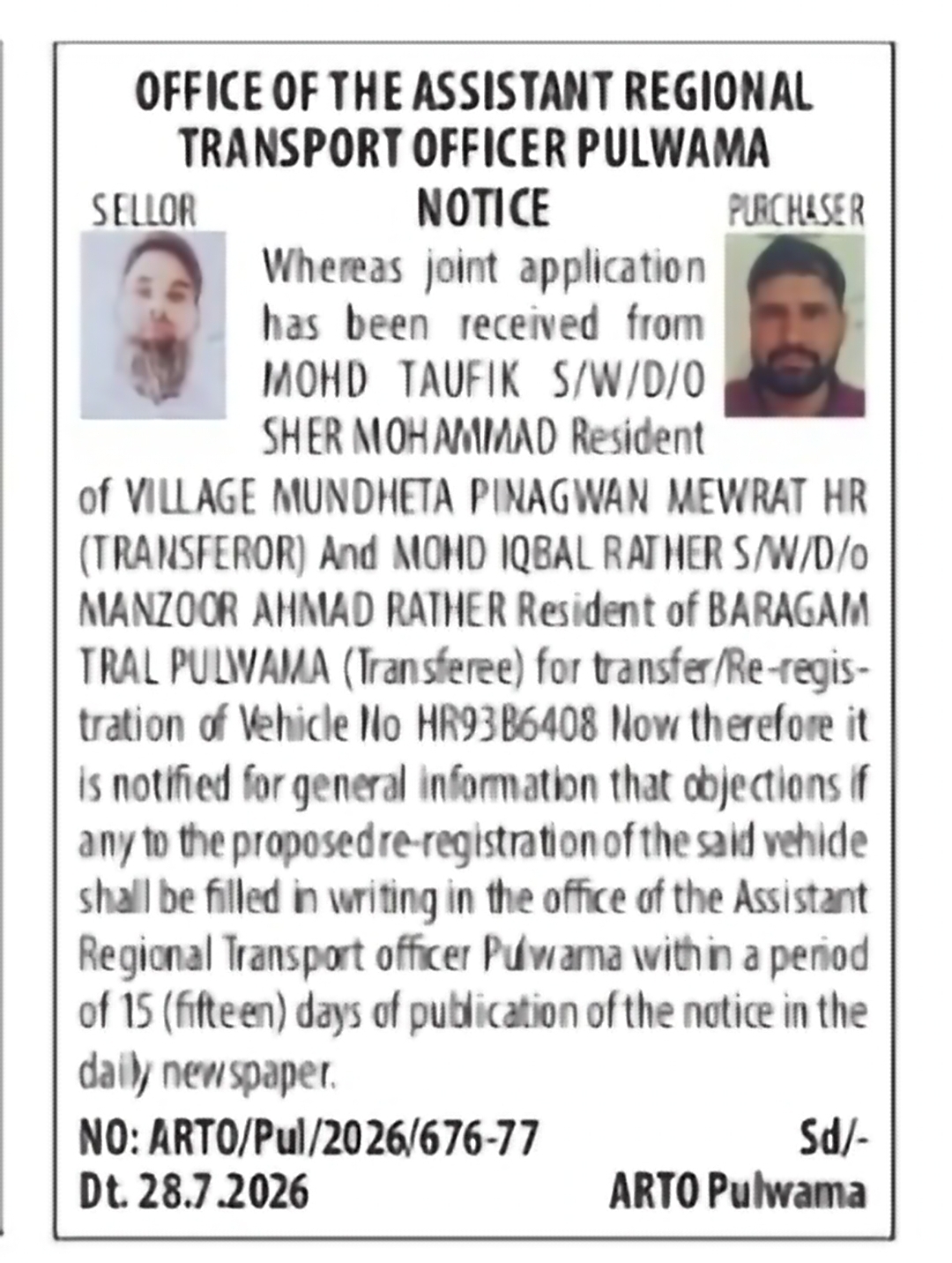 Public Notice – Vehicle Transfer/Re-registration for HR93B6408 in Pulwama