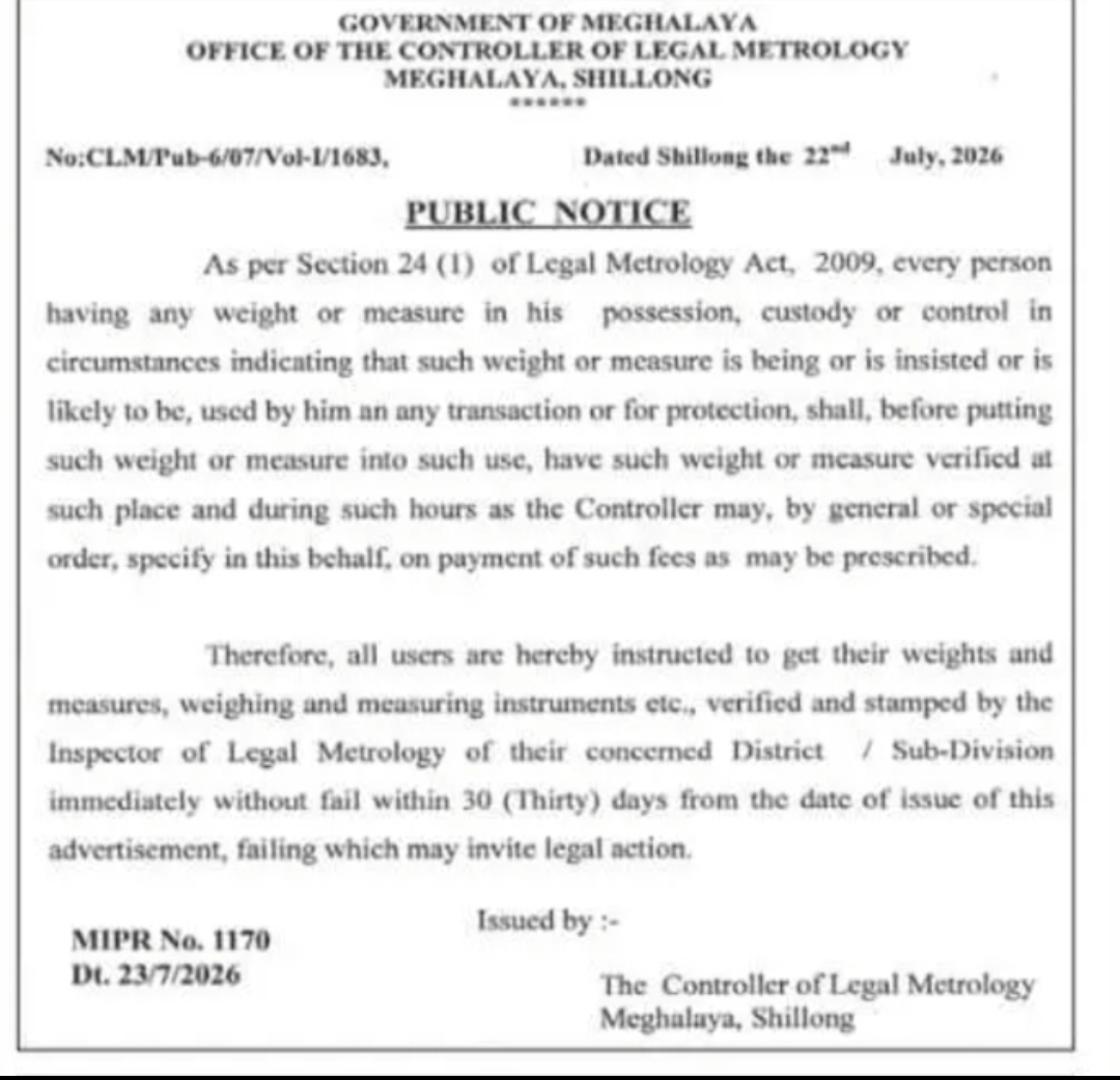 Public Notice – Verification of Weights and Measures in Meghalaya
