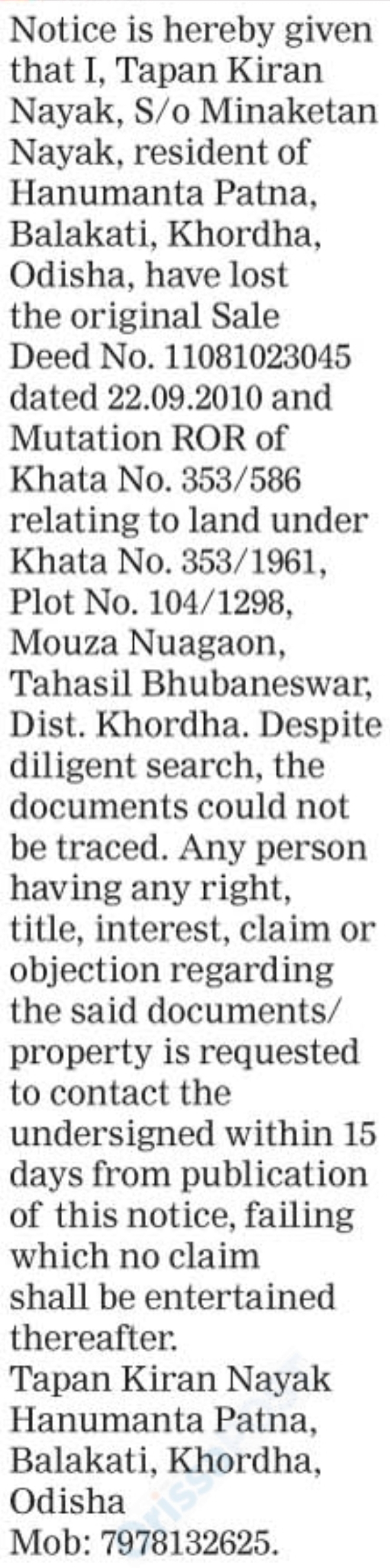 PUBLIC NOTICE - Sale Deed No. 11081023045 dated 22.09.2010