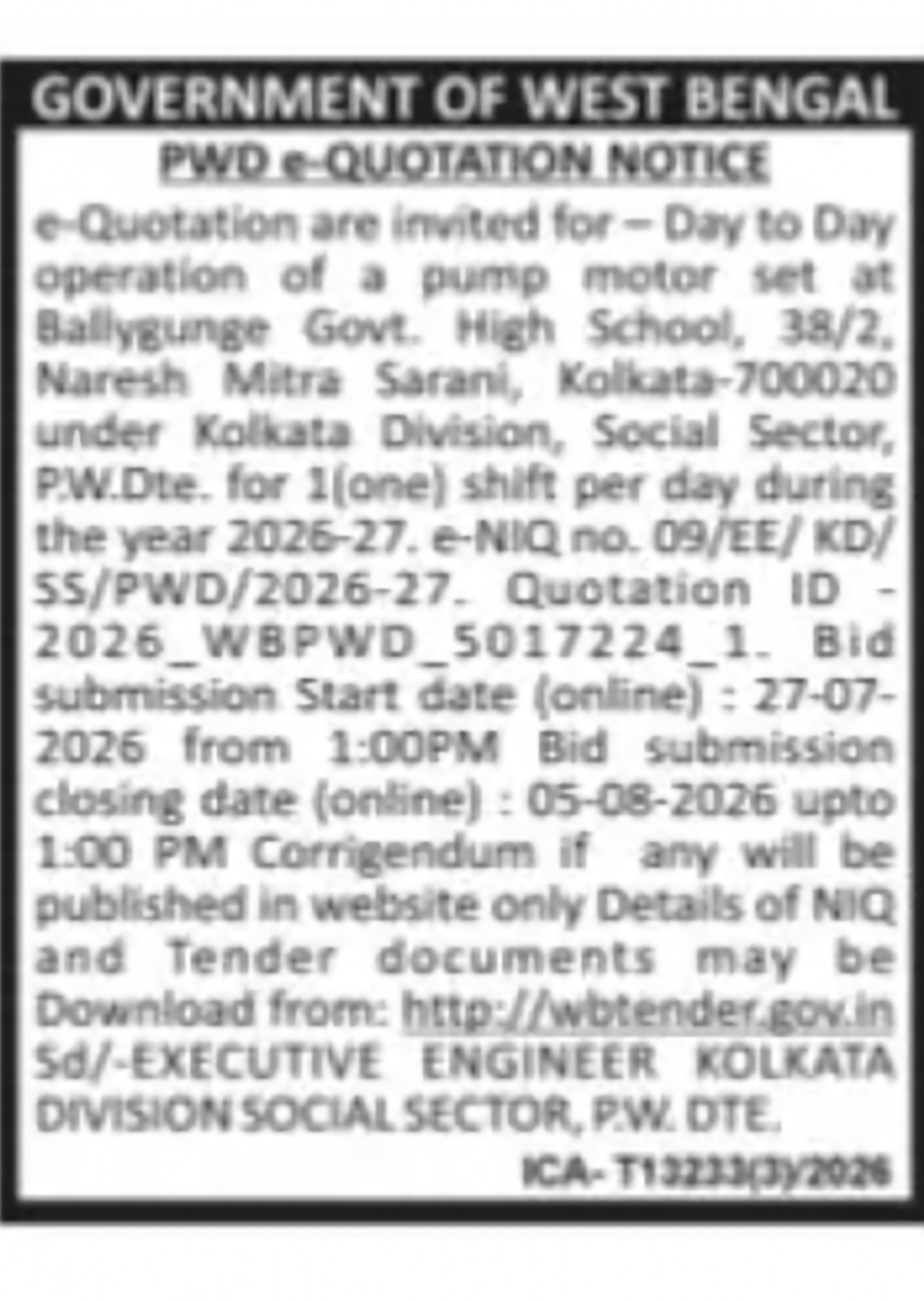 Pump Motor Set Operation Tender – Ballygunge Government High School