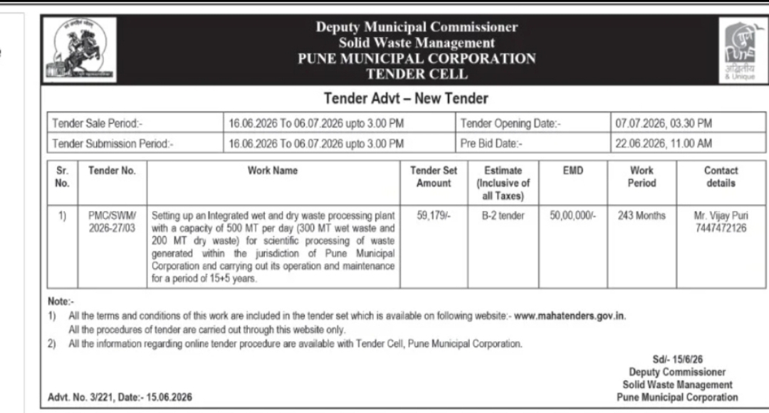 Pune Municipal Corporation Tender – Integrated Waste Processing Plant (500 MTPD)